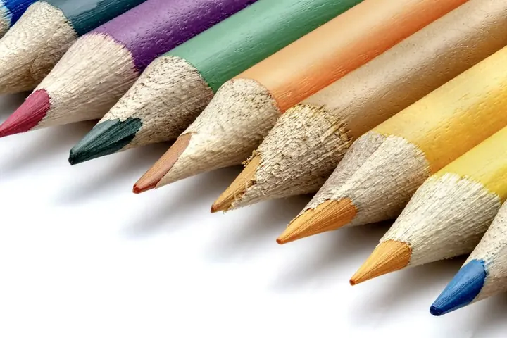 A row of freshly sharpened colored pencils.